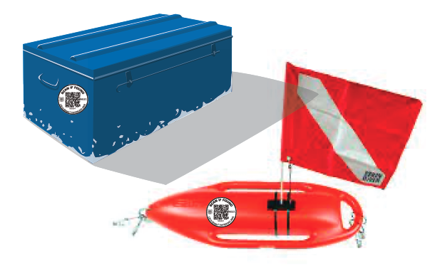 Scan If Found decals on a cooler and a dive float with a dive flag