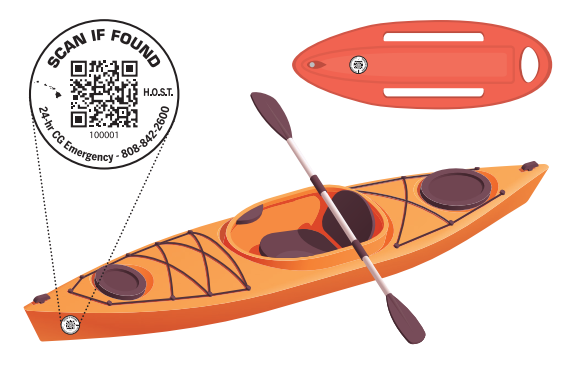 Scan If Found QR decal on a kayak and a rescue float